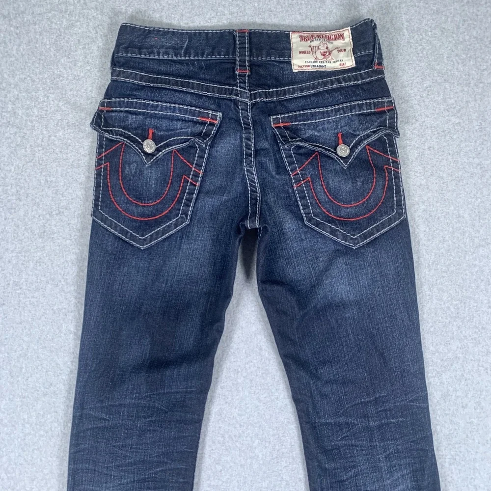 True Religion Straight Flap Jeans Mens 29 Dark Wash Big T Stitch